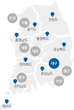 서울,인천,경기,강원,충남,충북,세종,대전,경북,경남,대구,울산,부산,전북,전남,광주,제주도의 구분이 있는 지도