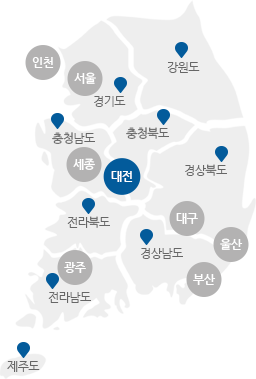 서울,인천,경기,강원,충남,충북,세종,대전,경북,경남,대구,울산,부산,전북,전남,광주,제주도의 구분이 있는 지도