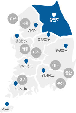 서울,인천,경기,강원,충남,충북,세종,대전,경북,경남,대구,울산,부산,전북,전남,광주,제주도의 구분이 있는 지도