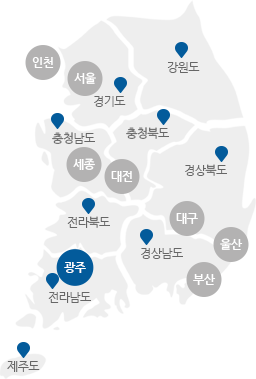 서울,인천,경기,강원,충남,충북,세종,대전,경북,경남,대구,울산,부산,전북,전남,광주,제주도의 구분이 있는 지도