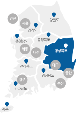 서울,인천,경기,강원,충남,충북,세종,대전,경북,경남,대구,울산,부산,전북,전남,광주,제주도의 구분이 있는 지도