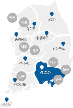 서울,인천,경기,강원,충남,충북,세종,대전,경북,경남,대구,울산,부산,전북,전남,광주,제주도의 구분이 있는 지도