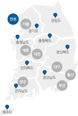 서울,인천,경기,강원,충남,충북,세종,대전,경북,경남,대구,울산,부산,전북,전남,광주,제주도의 구분이 있는 지도