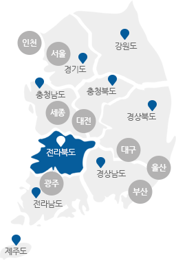 서울,인천,경기,강원,충남,충북,세종,대전,경북,경남,대구,울산,부산,전북,전남,광주,제주도의 구분이 있는 지도