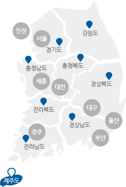 서울,인천,경기,강원,충남,충북,세종,대전,경북,경남,대구,울산,부산,전북,전남,광주,제주도의 구분이 있는 지도