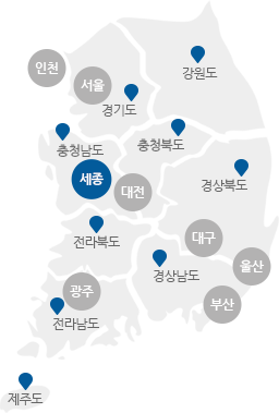 서울,인천,경기,강원,충남,충북,세종,대전,경북,경남,대구,울산,부산,전북,전남,광주,제주도의 구분이 있는 지도