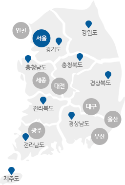 서울,인천,경기,강원,충남,충북,세종,대전,경북,경남,대구,울산,부산,전북,전남,광주,제주도의 구분이 있는 지도