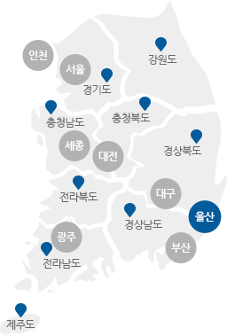 서울,인천,경기,강원,충남,충북,세종,대전,경북,경남,대구,울산,부산,전북,전남,광주,제주도의 구분이 있는 지도